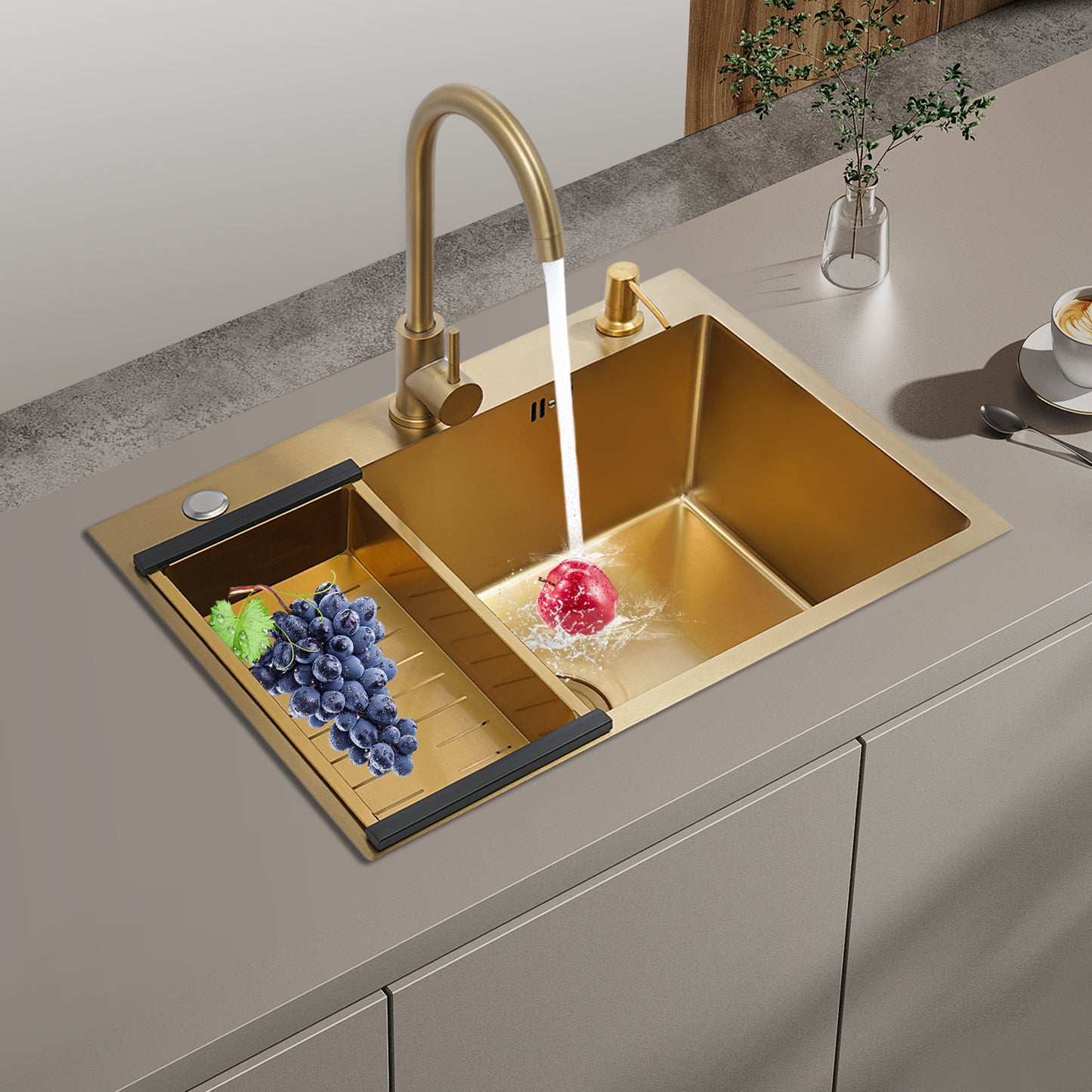 Gouden Spoelbak – Spoelbak – Keukenspoelbak – Inbouwspoelbak – RVS Spoelbak – 60 x 45 cm – 201 Roestvrij Staal Met Accessoires