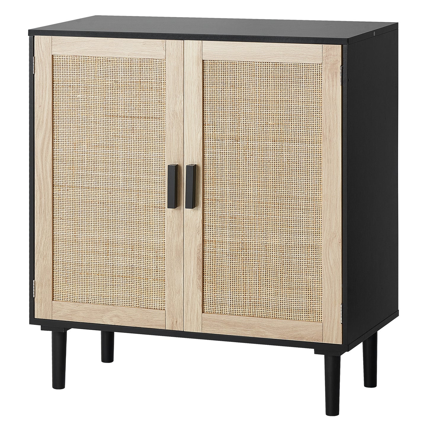 Kast – Opbergkast – Rattan Kast – Dressoir – Buffetkast – Handgeweven Rattan Deuren – Verstelbare Legplanken – Zwart – Magnetische Deuren