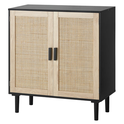 Kast – Opbergkast – Rattan Kast – Dressoir – Buffetkast – Handgeweven Rattan Deuren – Verstelbare Legplanken – Zwart – Magnetische Deuren
