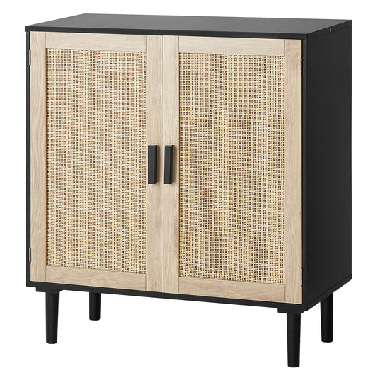 Kast – Opbergkast – Rattan Kast – Dressoir – Buffetkast – Handgeweven Rattan Deuren – Verstelbare Legplanken – Zwart – Magnetische Deuren