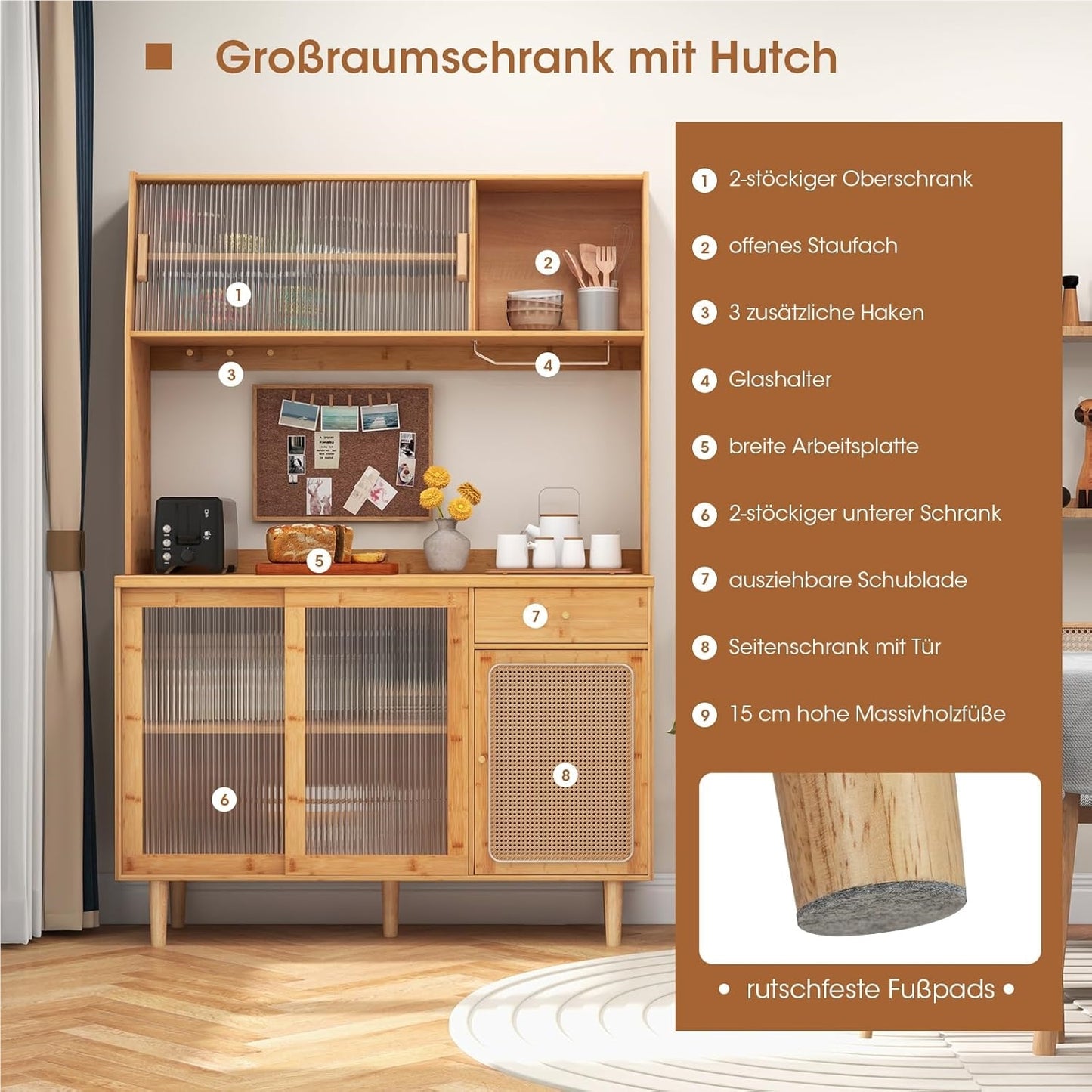 Buffetkast – Buffetkastje – Keukenkast – Opbergkast – Dressoir – Bamboe En Rattan – 120 cm Breed Werkblad – Schuifdeuren Met Glasrek