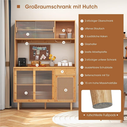 Buffetkast – Buffetkastje – Keukenkast – Opbergkast – Dressoir – Bamboe En Rattan – 120 cm Breed Werkblad – Schuifdeuren Met Glasrek