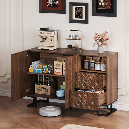Modern Brown Entryway Storage Cabinet with 2 Doors & 2 Divided Drawers - Large Capacity Sideboard (≥3.2 Cu Ft), Metal Legs & Wicker Back Panel, Freestanding Hallway Furniture for Living Room, Dining Room - No Assembly Requi