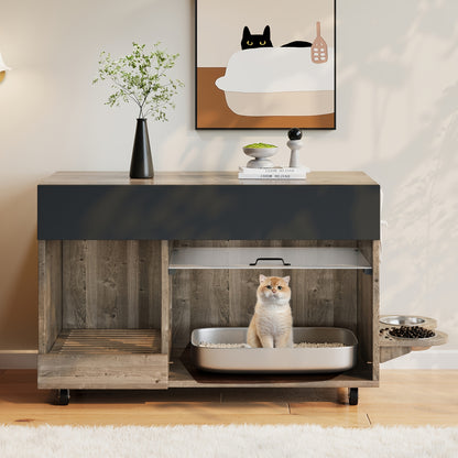 Portable Cat Litter Cabinet with Cat Food Tray & Odor-Control System - 4-Wheel Mobile Storage Unit, Perforated Plate & Sand Collection Tray, Space-Saving Design for Cats (Compatible with Litter Boxes, Litter Box Not Included)