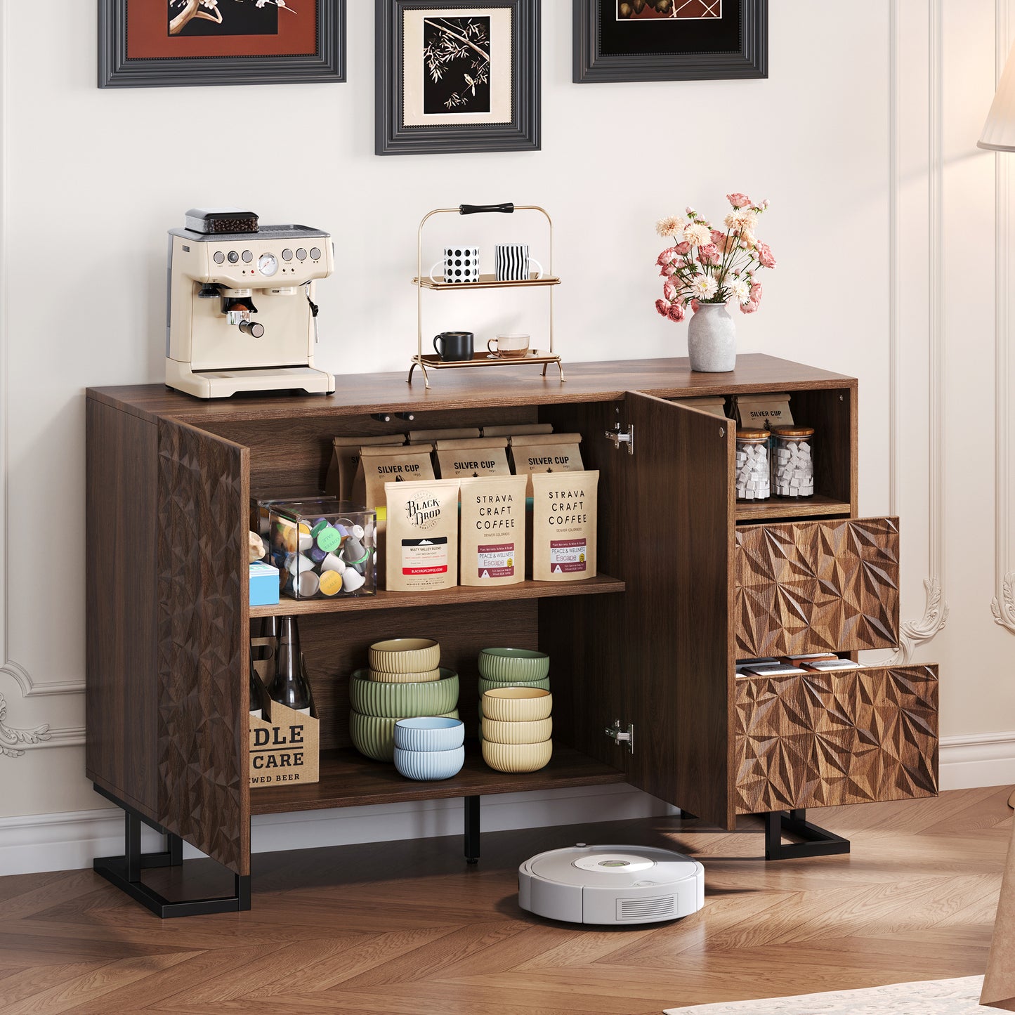 Dressoir – Buffet – Opbergkast – Sideboard – Kast – Walnootfineer – Push-to-open Greeploos – Met Kantelbeveiliging