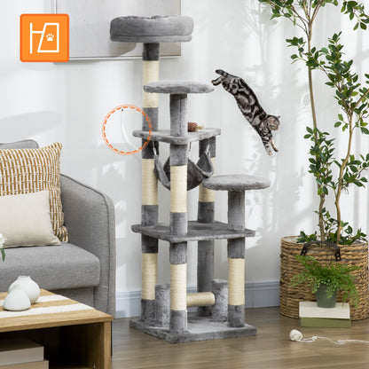 Krabpaal – Kattenboom – Krabmeubel – Klimpaal – Speelpaal – Grijs – Stevige Houten Constructie – Comfortabele Hangmat