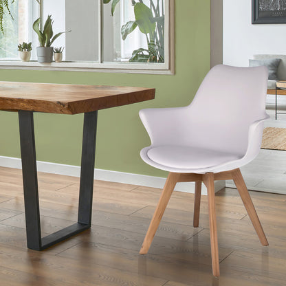 Witte Stoel – Eetkamerstoel – Kuipstoel – Fauteuil – Designstoel – Beukenhouten Poten – Ecologisch Leren Zitkussen
