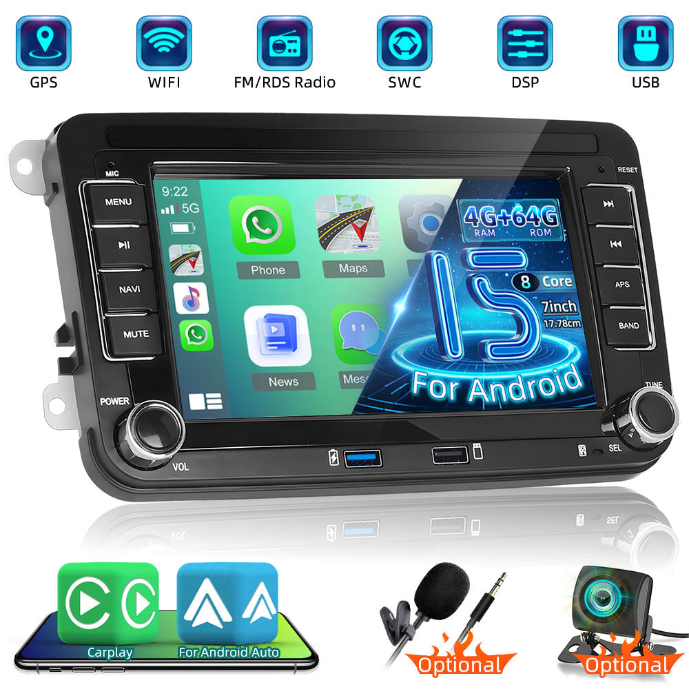Android Autoradio – Multimedia Speler – Navigatiesysteem – Touchscreen Radio – CarPlay Auto Connect – 7 Inch HD IPS Scherm – Draadloze CarPlay & Android Auto – 4GB RAM 64GB Opslag