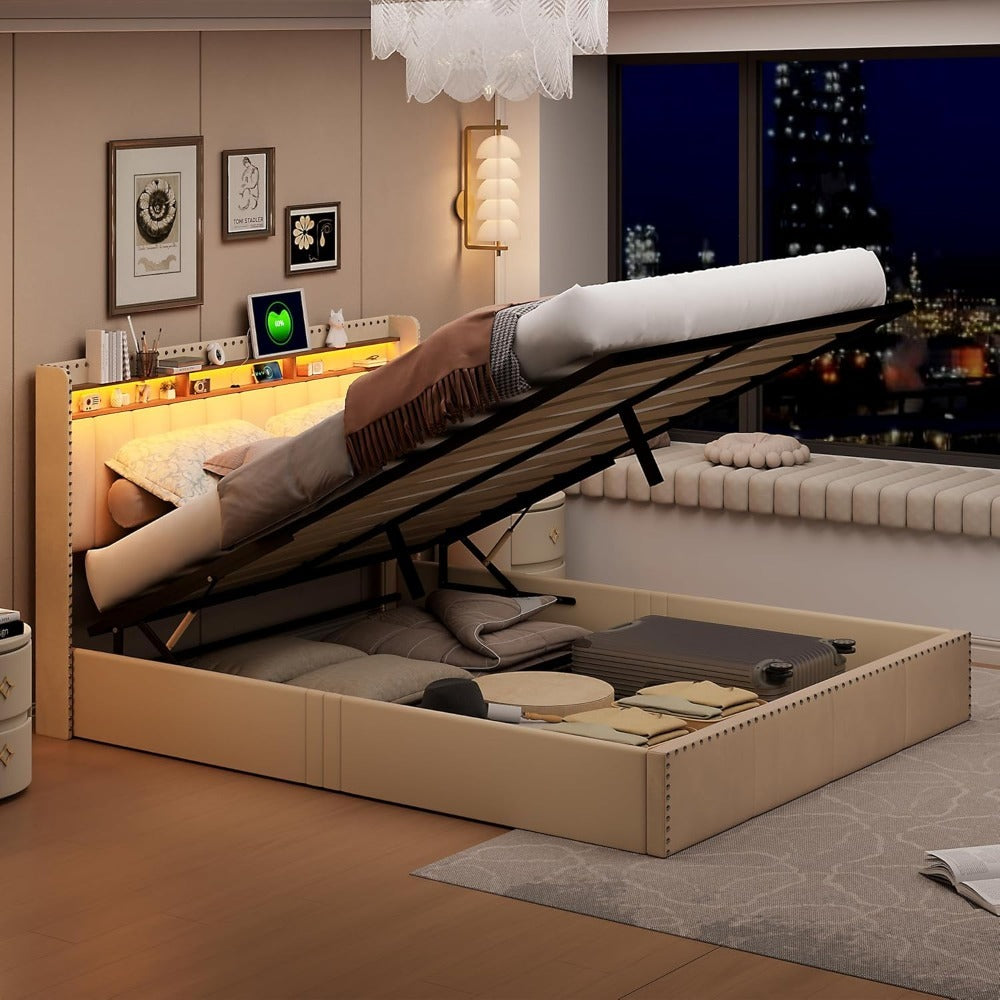 Bedombouw – Bedframe – Ledikant – Gestoffeerd Bed – Opbergbed – Tweepersoonsbed – Velvet Beige – 140x200 cm – Met USB Oplaadpoort en LED Verlichting