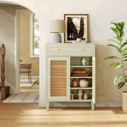 Schoenenkast – Schoenenrek – Schoenenopberger – Halkast – Schoenenkast Smal – Mintgroen Met Rattan Deuren – 4 Verstelbare Planken – Vrijstaand 80x40x111 cm