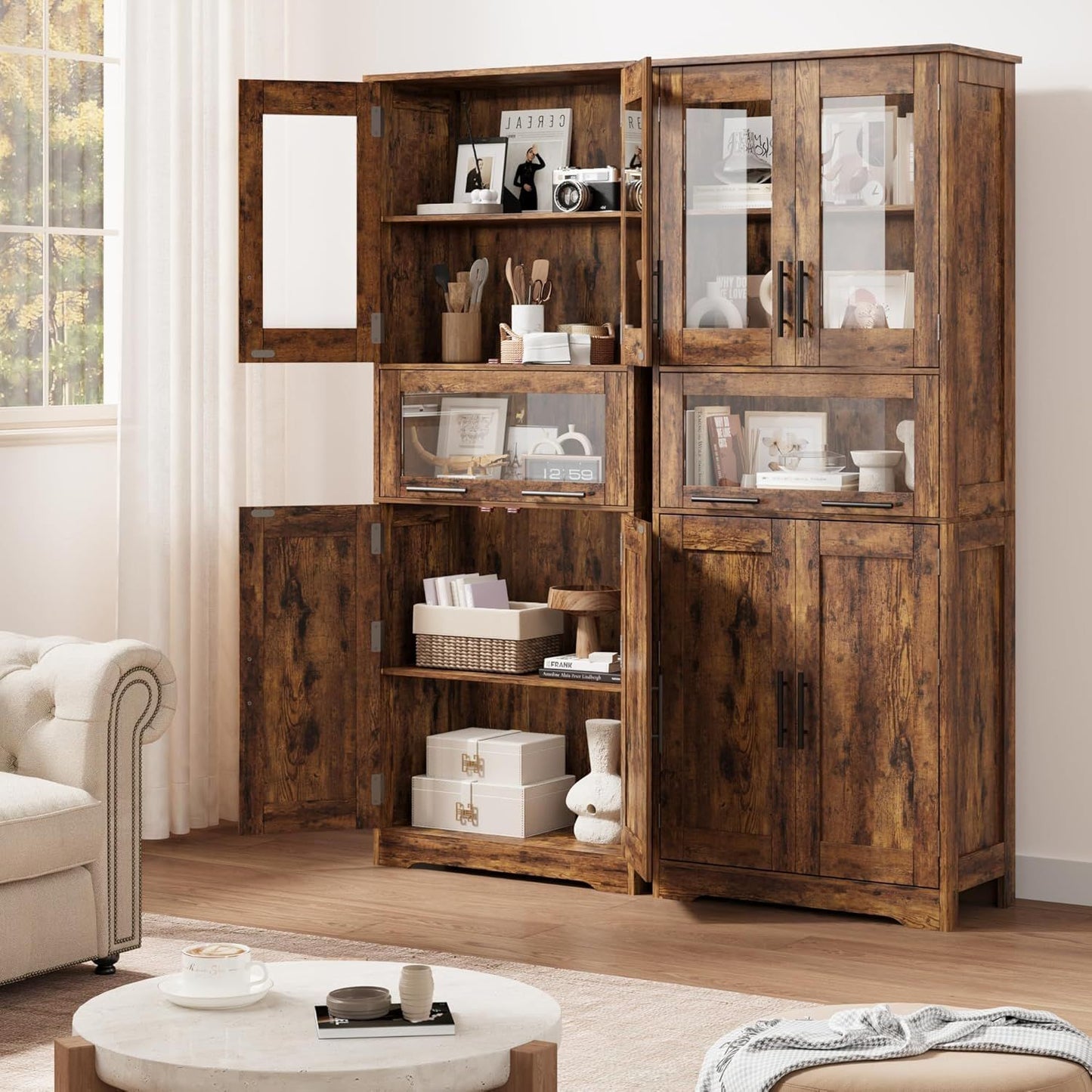 Large Storage Cabinet with Glass Doors | Tall Hardwood Cabinet with Drawers and Shelves, Modern Style, Floor Mount, Brown, Retro Double Door for Hallway and Bedroom