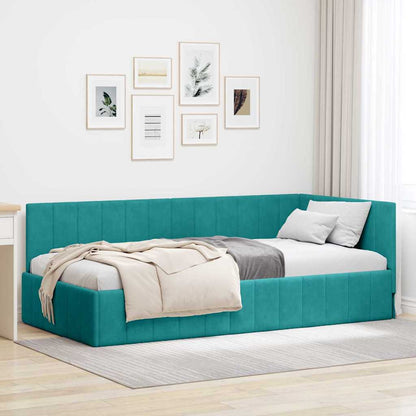 Bedframe – Bedombouw – Ledikant – Slaapkamermeubel – Eenpersoonsbed – Velvet Hoofdeinde – Robuust Plaatmateriaal – 100x200 cm Turquoise