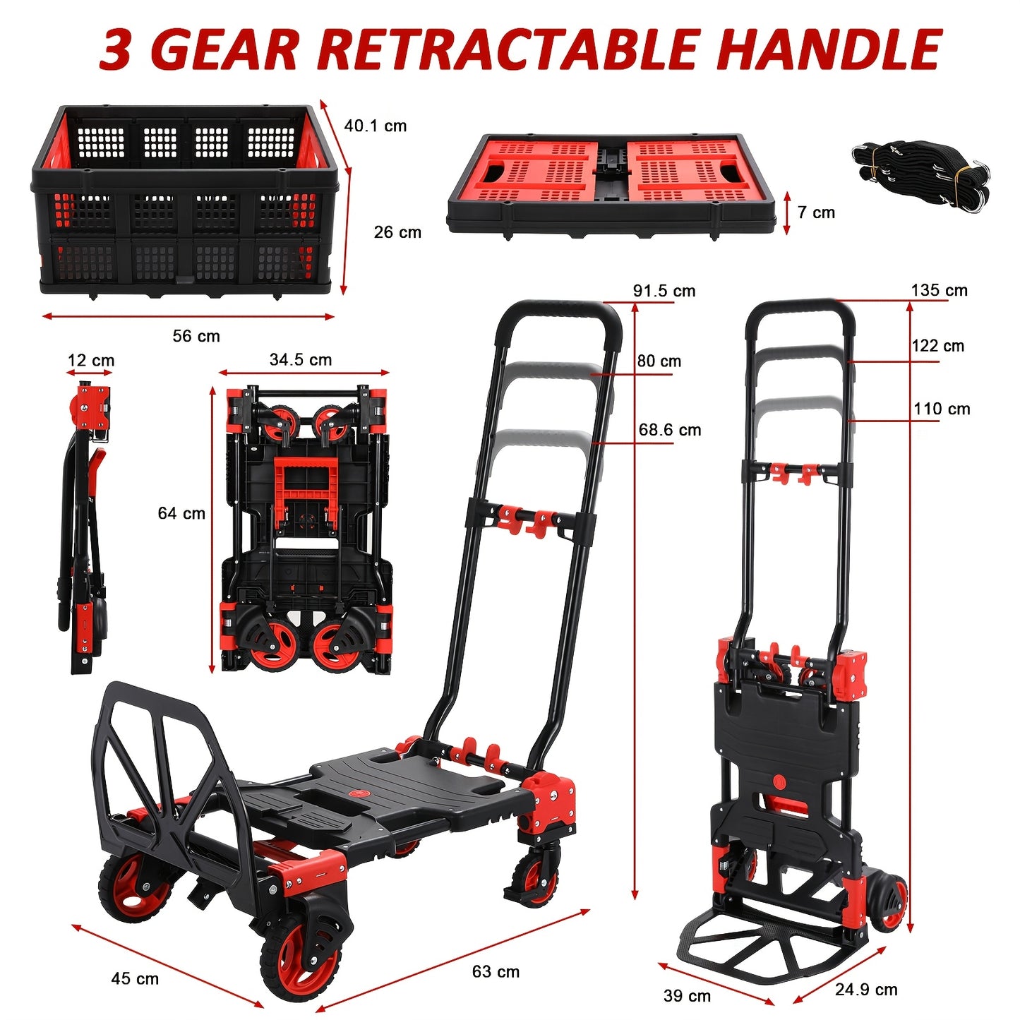 2-in-1 Trolley – Vouwbare Kar – Handwagen – Veldtransporter – Boodschappentrolley – Telescopische Handgreep – Max Draagkracht 150 kg – Ruime Laadruimte Rood