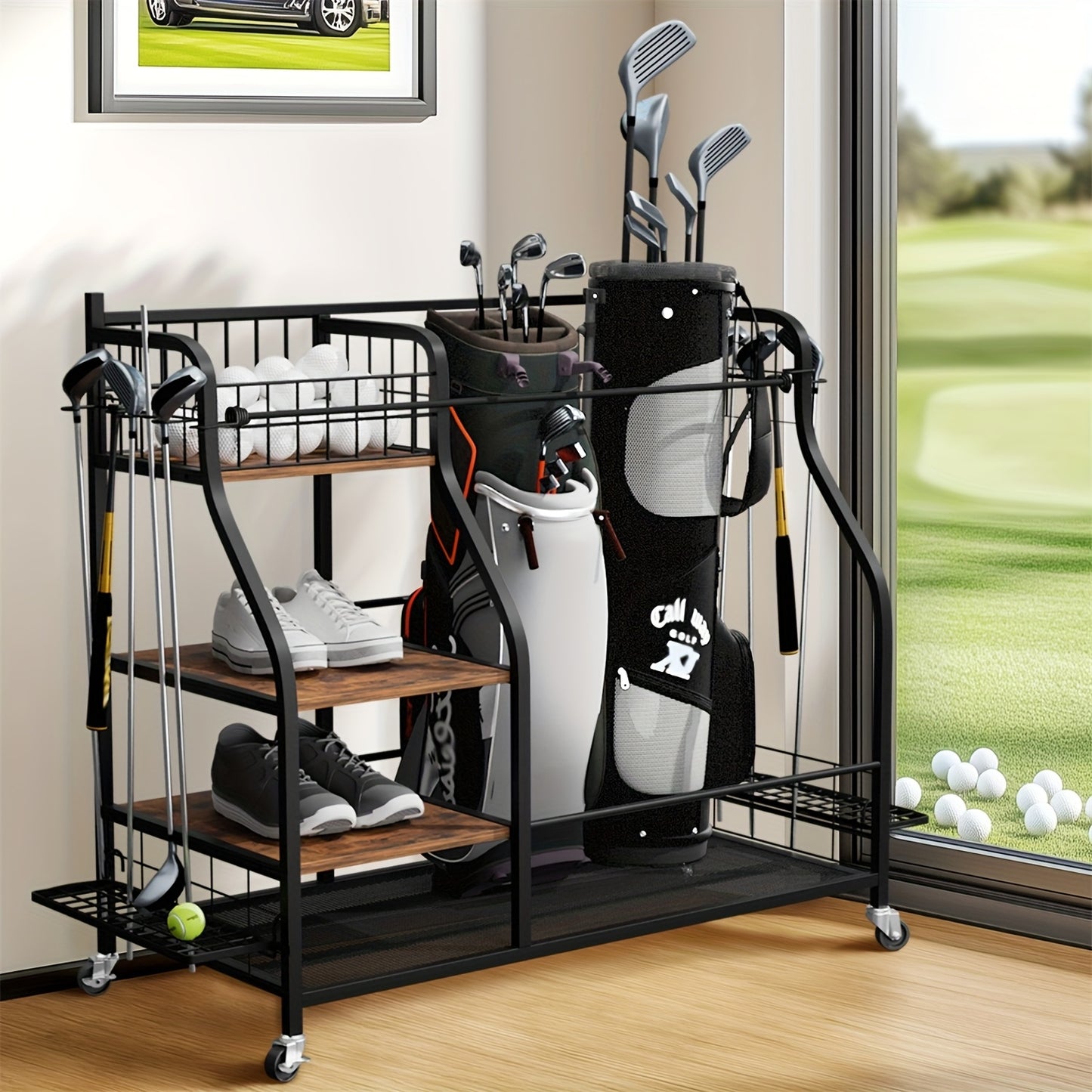 Golf Organizer – Golfopberger – Golfclubhouder – Golftasrek – Golfkar Organizer – Rolling Design Met Wieltjes – Stevig IJzer En MDF