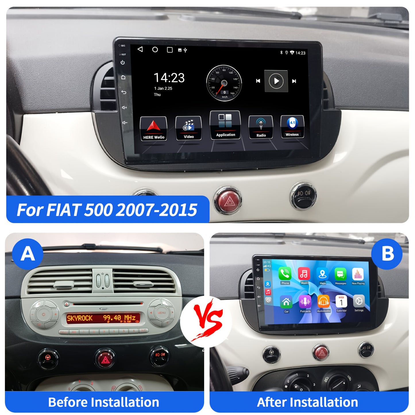 Autoradio FIAT 500 – Multimedia Speler – Navigatiesysteem – Car Audio Systeem – Auto Entertainment – Android 14 – 9 Inch HD Touchscreen – Draadloos CarPlay & Android Auto – AHD Camera & Microfoon
