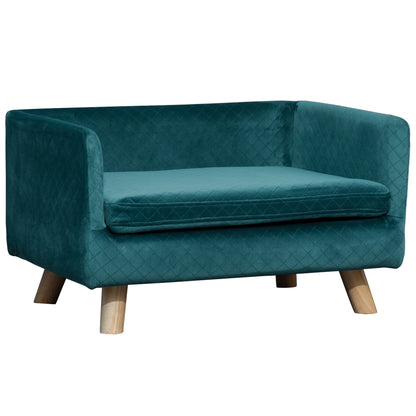 Hondenbed – Dogbed – Huisdierbed – Ligbed – Rustplek – Blauw Velvet – Scandinavisch Design – Zachte Katoenen Kussenlaag – Stevige Houten Poten – 64x45x36 cm