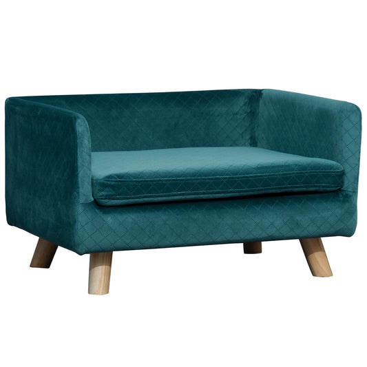 Hondenbed – Dogbed – Huisdierbed – Ligbed – Rustplek – Blauw Velvet – Scandinavisch Design – Zachte Katoenen Kussenlaag – Stevige Houten Poten – 64x45x36 cm
