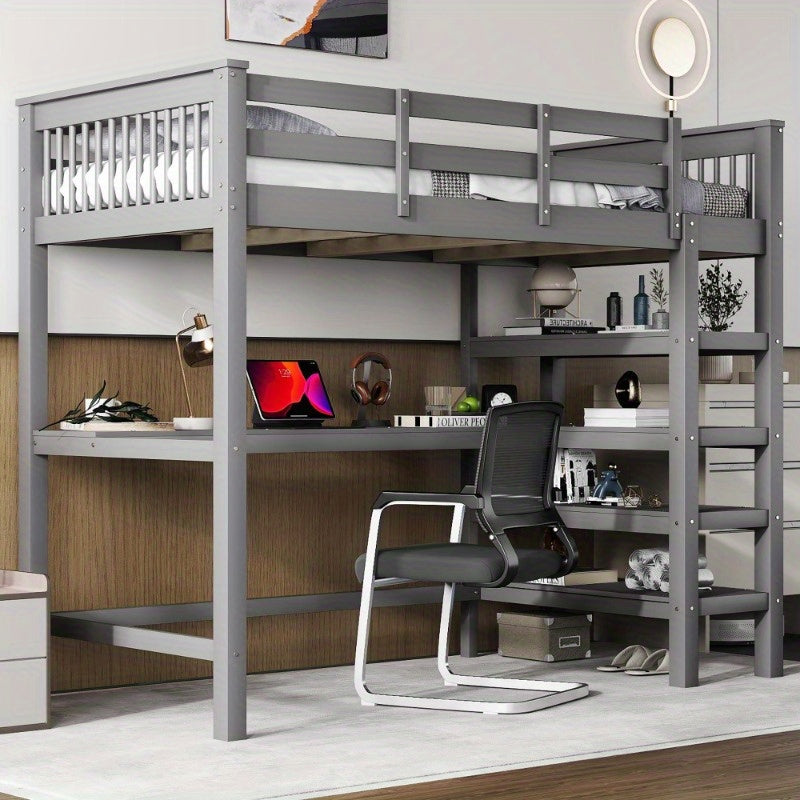 Hoogslaper – Loftbed – Stapelbed – Kinderbed – Eenpersoonsbed – Met Bureau en Opbergrekken – Metalen Stijlvol Frame – Ruimtebesparend Design – Grijs – Stevig en Duurzaam