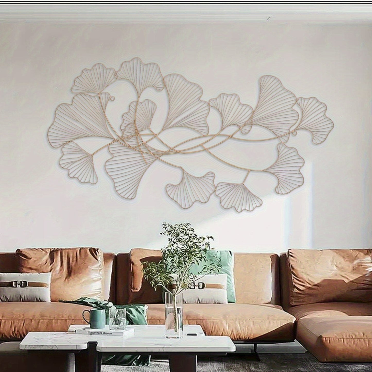 Ginkgo Wanddecoratie – Metalen Wandkunst – Muurdecoratie – Wandornament – Woondecoratie – Extra Lang 120x57 cm – Goudgele IJzeren Constructie – Handgemaakte 3D Bladdisplay – Inclusief Ophangset