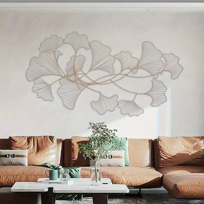 Ginkgo Wanddecoratie – Metalen Wandkunst – Muurdecoratie – Wandornament – Woondecoratie – Extra Lang 120x57 cm – Goudgele IJzeren Constructie – Handgemaakte 3D Bladdisplay – Inclusief Ophangset
