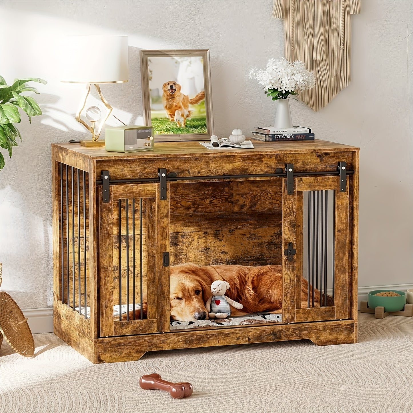 Hondenbench – Hondenkooi – Hondenhok – Hondenbench Meubel – Hondenkooi Hout – Dubbele Schuifdeuren – Stevig Houten Meubel 105x58x75,4 cm