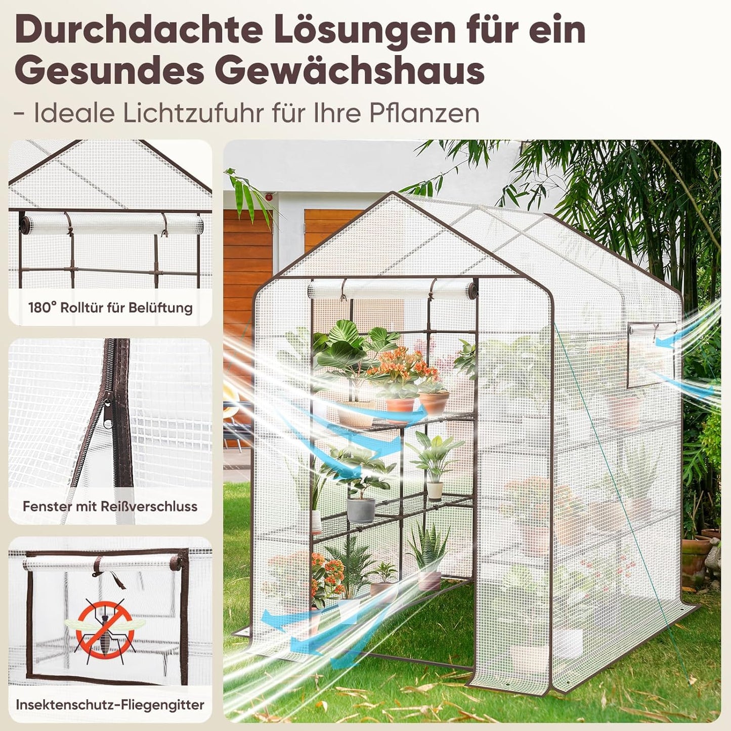 Meerlaagse Kas – Standaard Kas – Plantenkas – Balkon Kas – Tuinkas – Roestvrij Staal Frame – 10 Verstelbare Planken – Ademend PE-Materiaal – Ventilatieopeningen – 145x145x200 cm – Witte Variant