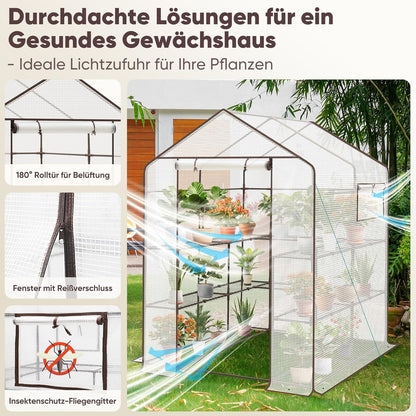 Meerlaagse Kas – Standaard Kas – Plantenkas – Balkon Kas – Tuinkas – Roestvrij Staal Frame – 10 Verstelbare Planken – Ademend PE-Materiaal – Ventilatieopeningen – 145x145x200 cm – Witte Variant