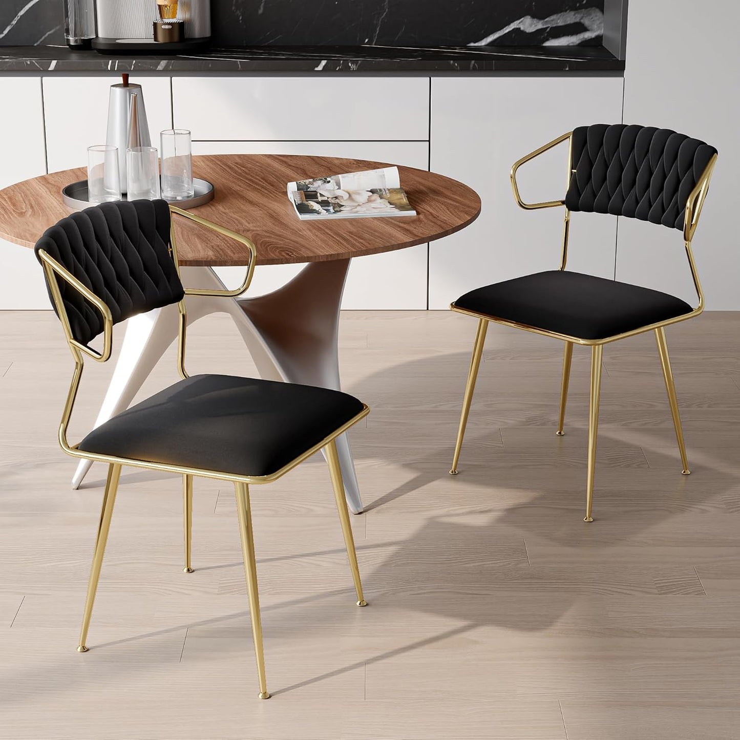 Eetkamerstoel – Stoel – Dining Chair – Armstoel – Velourseat – Set van 2 – Fluwelen Bekleding – Gouden Metalen Poten