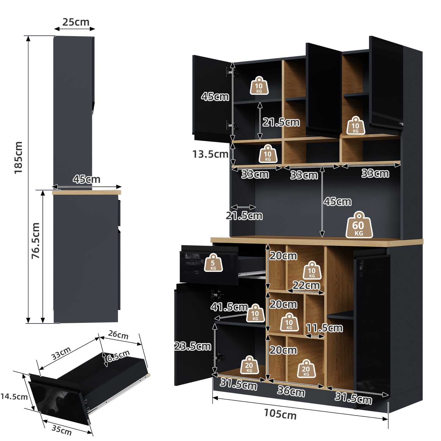 Keukenkastje – Buffetkast – Dressoir – Opbergkast – Hoge Kast –  Zwart – 185 cm Hoog – 3 cm MDF Werkblad Met Houtlook