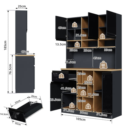 Keukenkastje – Buffetkast – Dressoir – Opbergkast – Hoge Kast –  Zwart – 185 cm Hoog – 3 cm MDF Werkblad Met Houtlook