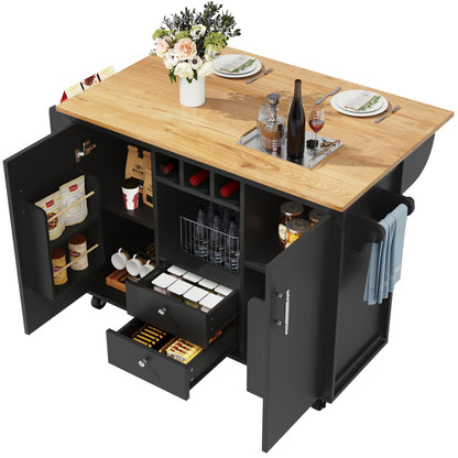 All-in-One Kitchen Island Buffet Cabinet with Folding Worktop, Heavy-Duty Non-Wood Construction, Adjustable Shelves, Wine Rack (Holds 4 Bottles), Door Shelf, Towel Rack - Space-Saving Mobile Kitchen Trolley for Small Kitchens