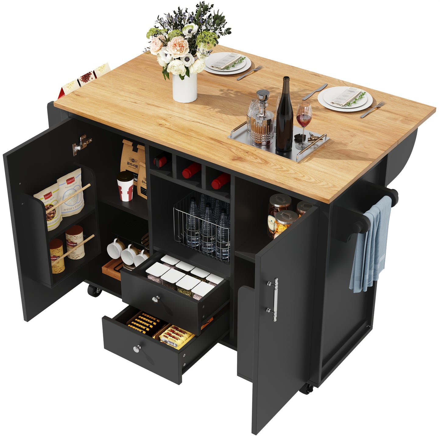 All-in-One Kitchen Island Buffet Cabinet with Folding Worktop, Heavy-Duty Non-Wood Construction, Adjustable Shelves, Wine Rack (Holds 4 Bottles), Door Shelf, Towel Rack - Space-Saving Mobile Kitchen Trolley for Small Kitchens