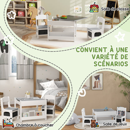 Kinderbureau Set – Kindertafel – Kindertafel Met Stoelen – Speeltafel – Tafel Met Opbergruimte – Omkeerbaar Tafelblad – Eenvoudig Schoon Te Maken – Grijs