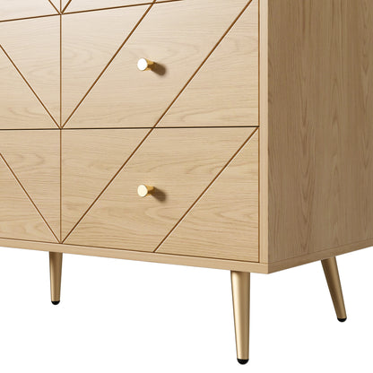 Commode – Ladekast – Dressoir – Opbergkast – Kast – Houtlook Nature – 9 Lades – Afm. 120x39x80 cm – Gouden Metalen Poten – Stevige PB Constructie