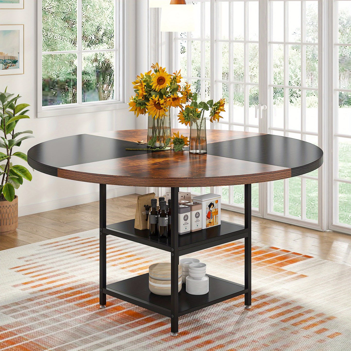 Ronde Vergadertafel – Vergadertafel, Trainingstafel, Eettafel, Bureautafel – 120 cm Diameter – Zwartbruine Afwerking – 2-Laags Opbergrek – Verstelbare Voetjes