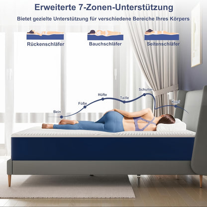 Traagschuimmatras – Traagschuim matras – Memory foam matras – 7-zone matras – Zijslaper matras – 25 cm dik – H3 stevige ondersteuning – Veilig verpakt met foam basis