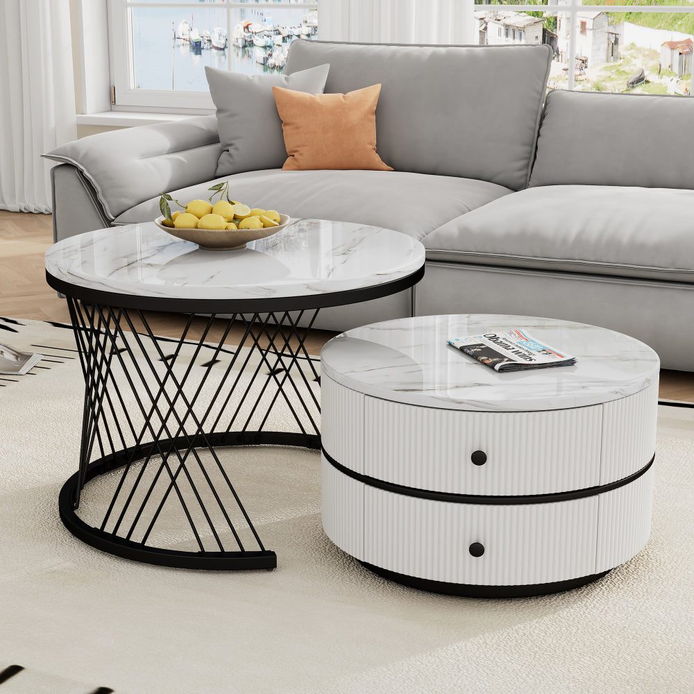 Salontafel – Koffietafel – Bijzettafel – Nesting Tafel – Opbergtafel – Nestbare Set Met Twee Lades – Metalen Frame – Rond Tafelblad – Moderne Design – Ruimtebesparend