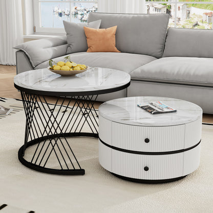 Salontafel – Koffietafel – Bijzettafel – Nesting Tafel – Opbergtafel – Nestbare Set Met Twee Lades – Metalen Frame – Rond Tafelblad – Moderne Design – Ruimtebesparend