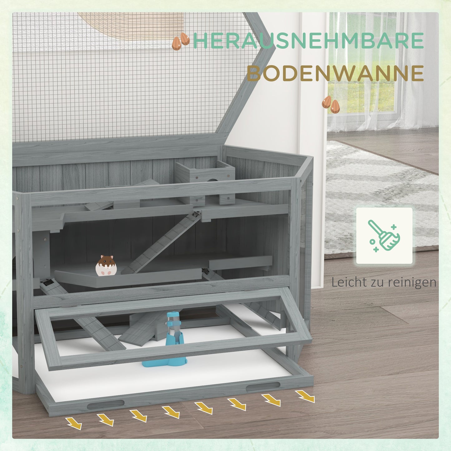 Hamsterkooi – Knaagdierkooi – Hamsterbench – Dierenkooi – Knaagdierverblijf – 3-laags Indeling – Uitneembare Bodemlade – Grijs Hout/Metaal – 115x60x55 cm