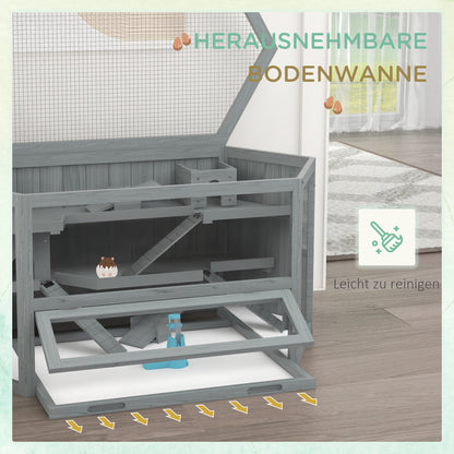 Hamsterkooi – Knaagdierkooi – Hamsterbench – Dierenkooi – Knaagdierverblijf – 3-laags Indeling – Uitneembare Bodemlade – Grijs Hout/Metaal – 115x60x55 cm