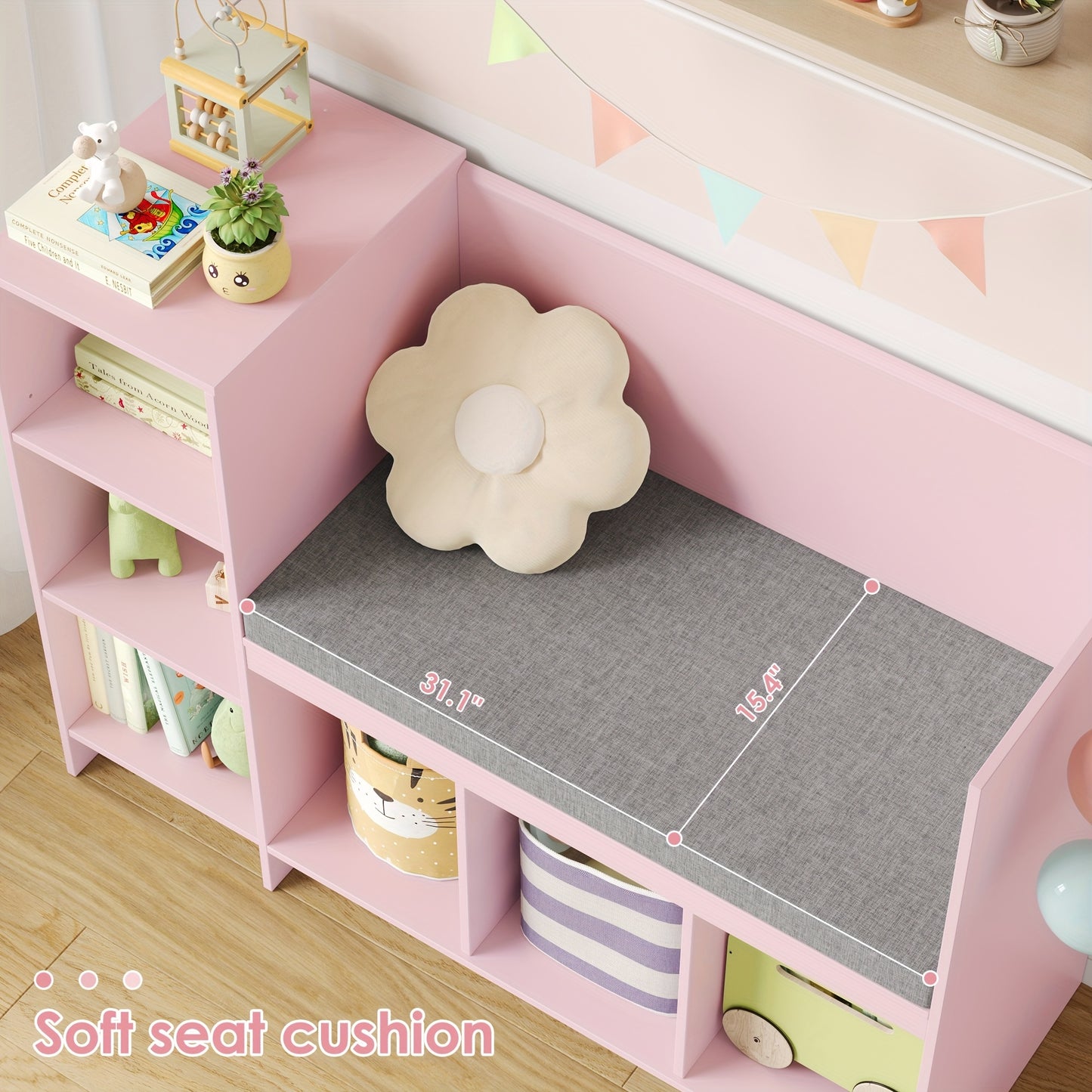 Boekenkast – Boekplank – Opbergkast – Speelgoedkast – Zitbank – Roze – 6 Kubussen – MDF Materiaal