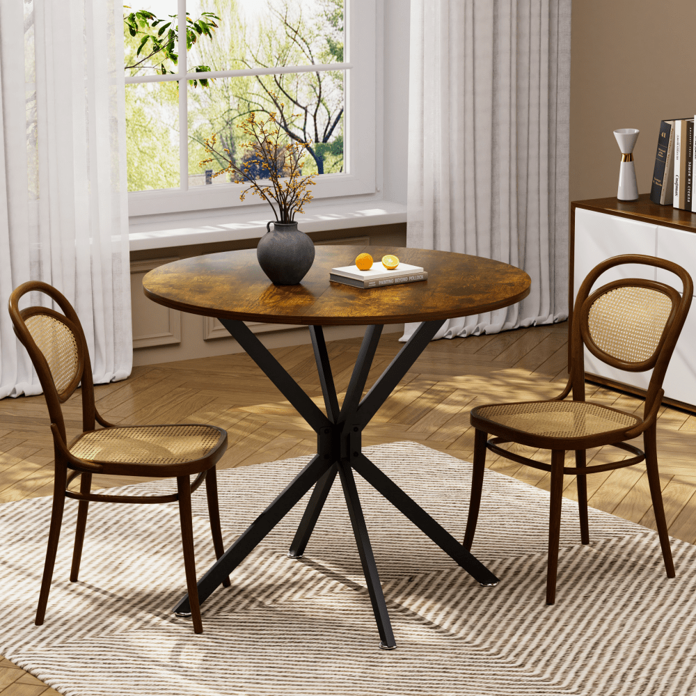 Ronde Eettafel – Eettafel Klein – Keukentafel Rond – Tafel Compact – Tafel 90 Cm – Stevige Zwarte Metalen Poten – Ruimtebesparend Bruin Spaanplaatblad