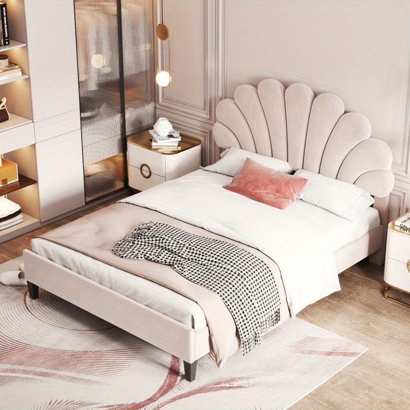Tweepersoonsbed – Gestoffeerd Bed – Velours Bed – Slaapbed – Bedframe – 140 x 200 cm – Uniek Bloemvormig Hoofdbord – Zachte Huidvriendelijke Bekleding Beige