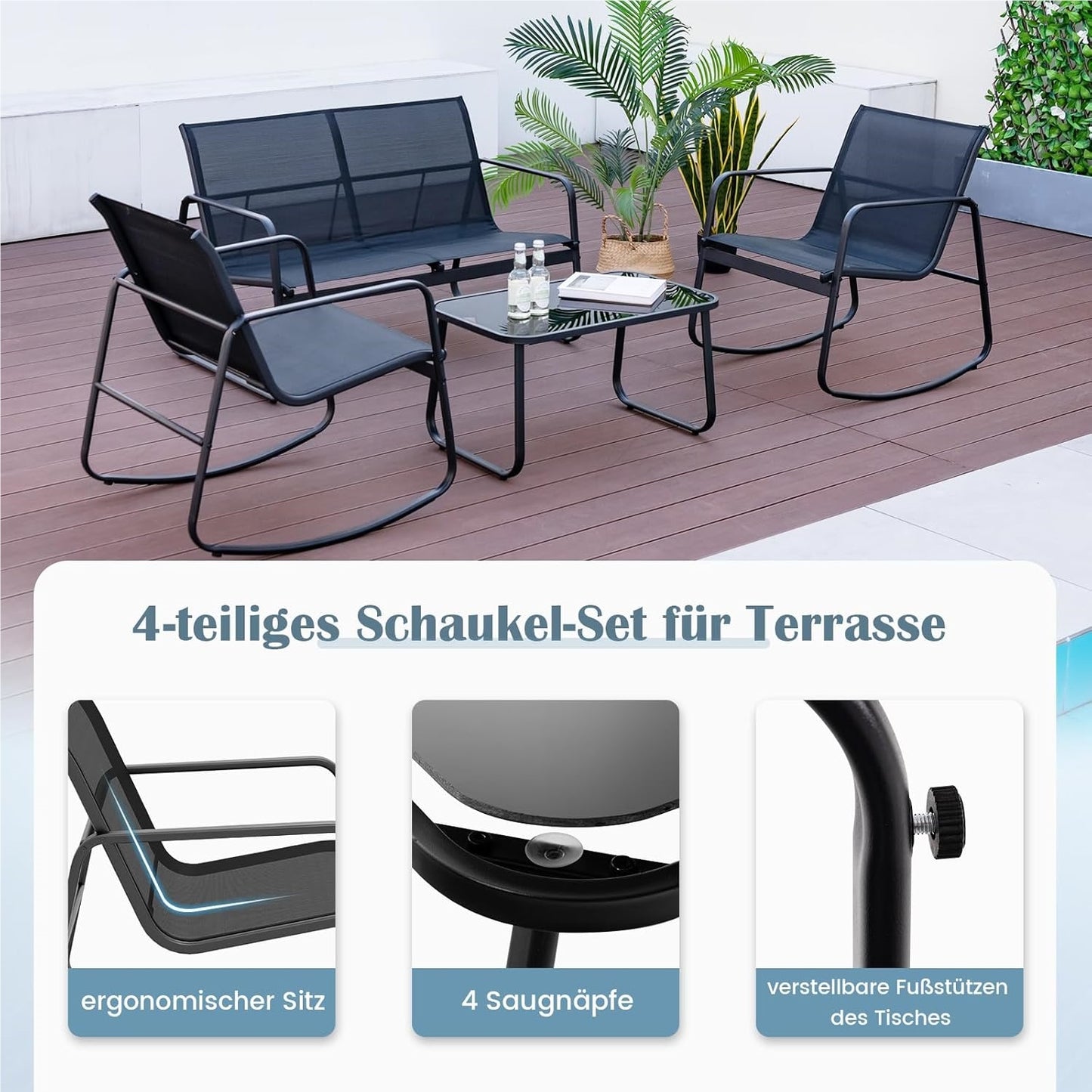Tuinmeubelset – Tuinset – Loungeset – Balkonset – Terrasmeubilair – 4-Delige Zwart Met Rocking Stoelen – Met Veilig Schommelmechanisme en Versterkt Metaalframe