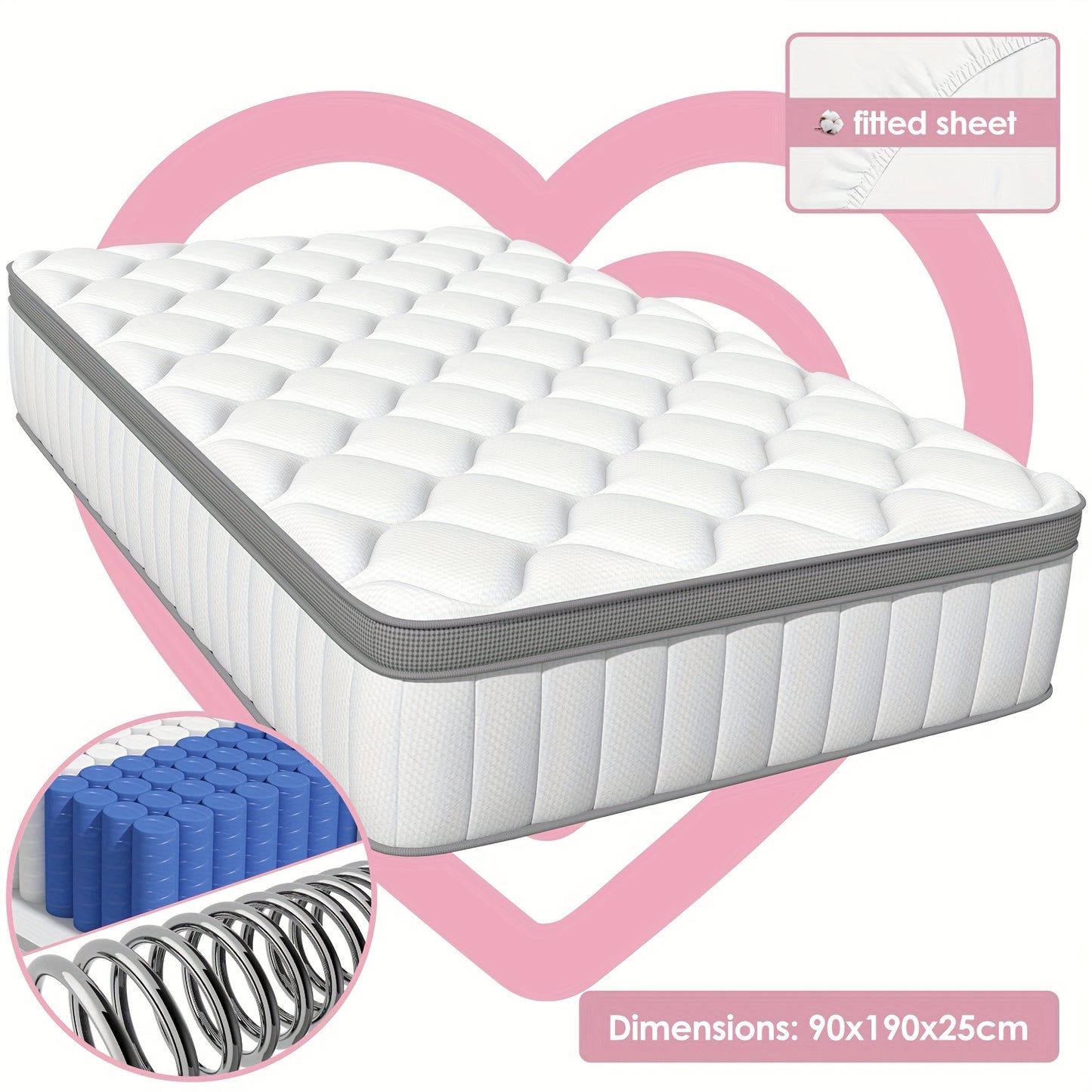 Pocketvering Matras – Pocketveer Matras – Veer Matras – 7-Zones Matras – Ergonomisch Matras – 90x190 cm – Medium Veercomfort – Ademend Katoenen Hoes