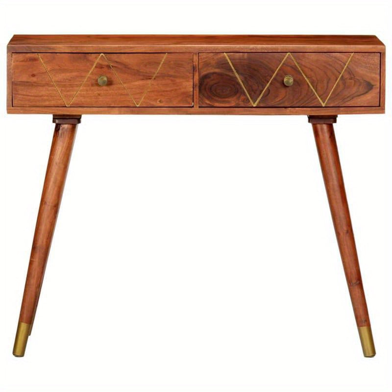 Elegant Solid Acacia Wood Wall Table with Geometric Brass Handles - 3-Drawer Design, 90x35x76cm, Ideal for Bedroom, Living Room, Office - Natural Floor Standing Storage Unit, Cute Room Decor, Standing Shelf