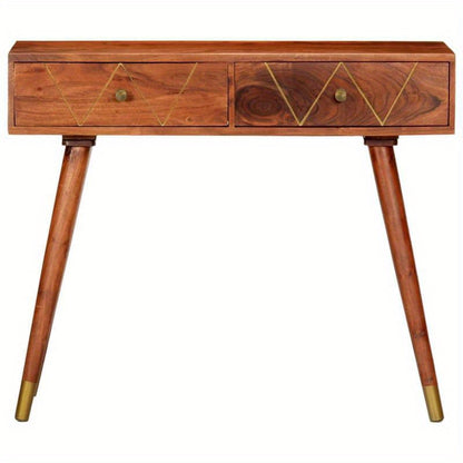 Elegant Solid Acacia Wood Wall Table with Geometric Brass Handles - 3-Drawer Design, 90x35x76cm, Ideal for Bedroom, Living Room, Office - Natural Floor Standing Storage Unit, Cute Room Decor, Standing Shelf