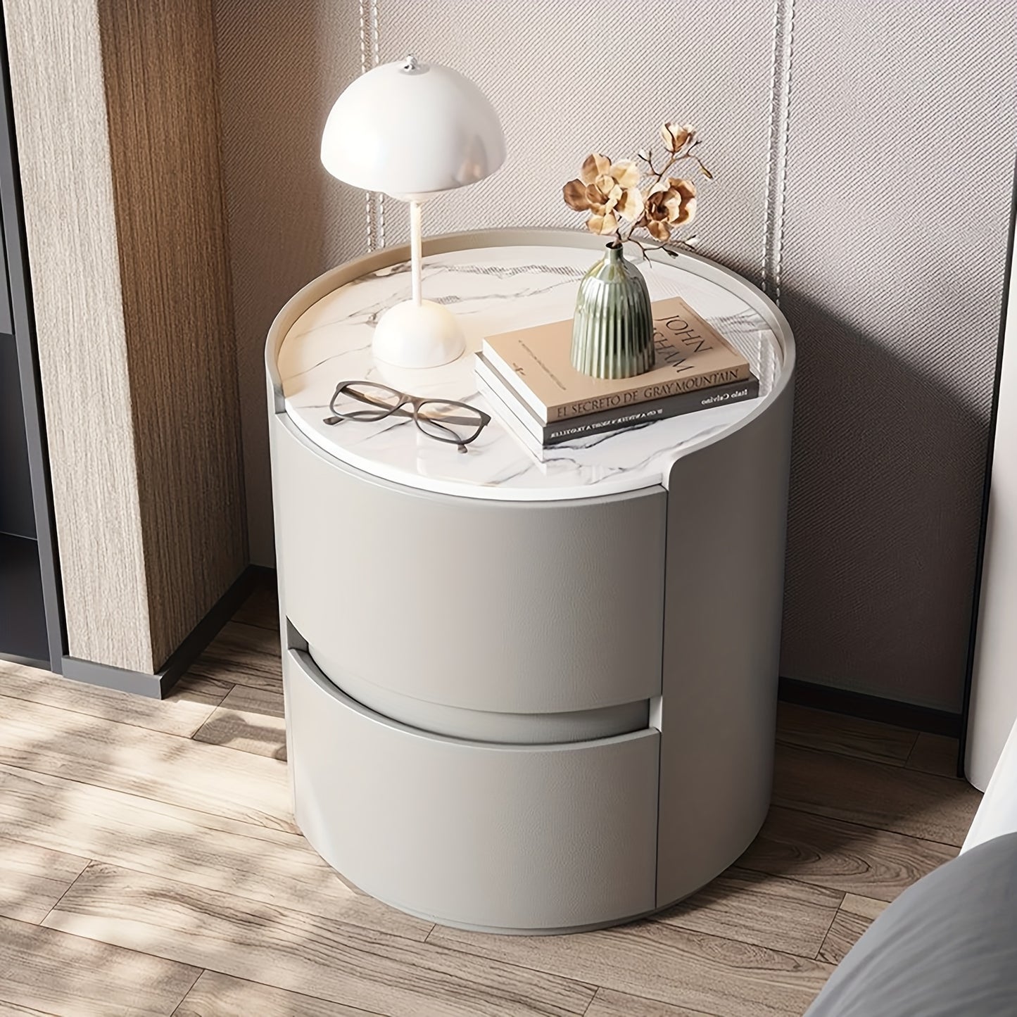 Ronde Nachtkast – Nachtkastje – Bedside Table – Bijzettafel – Nachtkastje Met Laden – Grijs – Massief Hout – Microvezel Leder Afwerking – Compacte Ruimtebesparende Opbergruimte