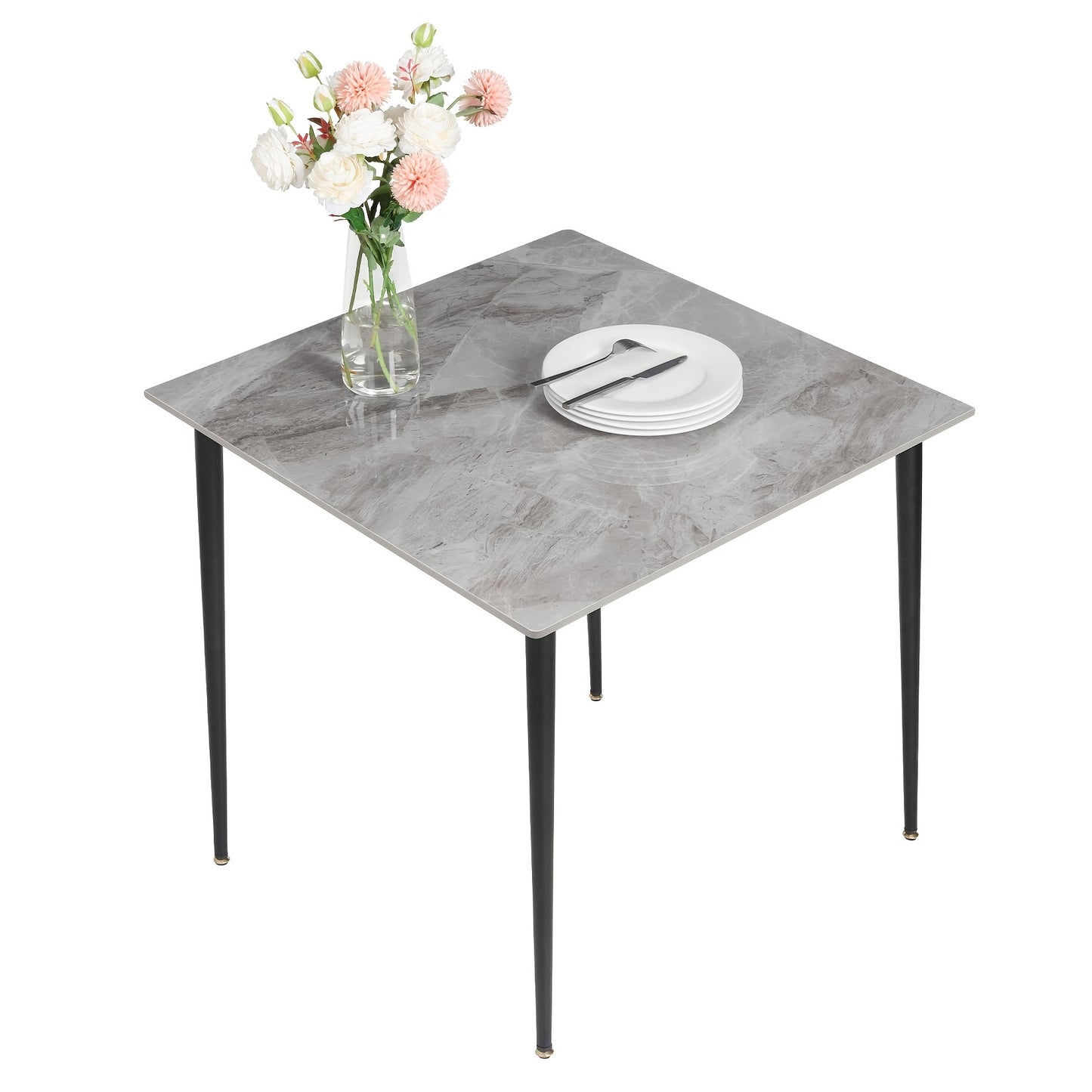 Compacte Eettafel – Kleine Keukentafel – Marmeren Tafel – Eettafel 2 Personen – Woonkamertafel – Zwart Metalen Poten – Krasbestendig Marmerblad – 80x80 cm