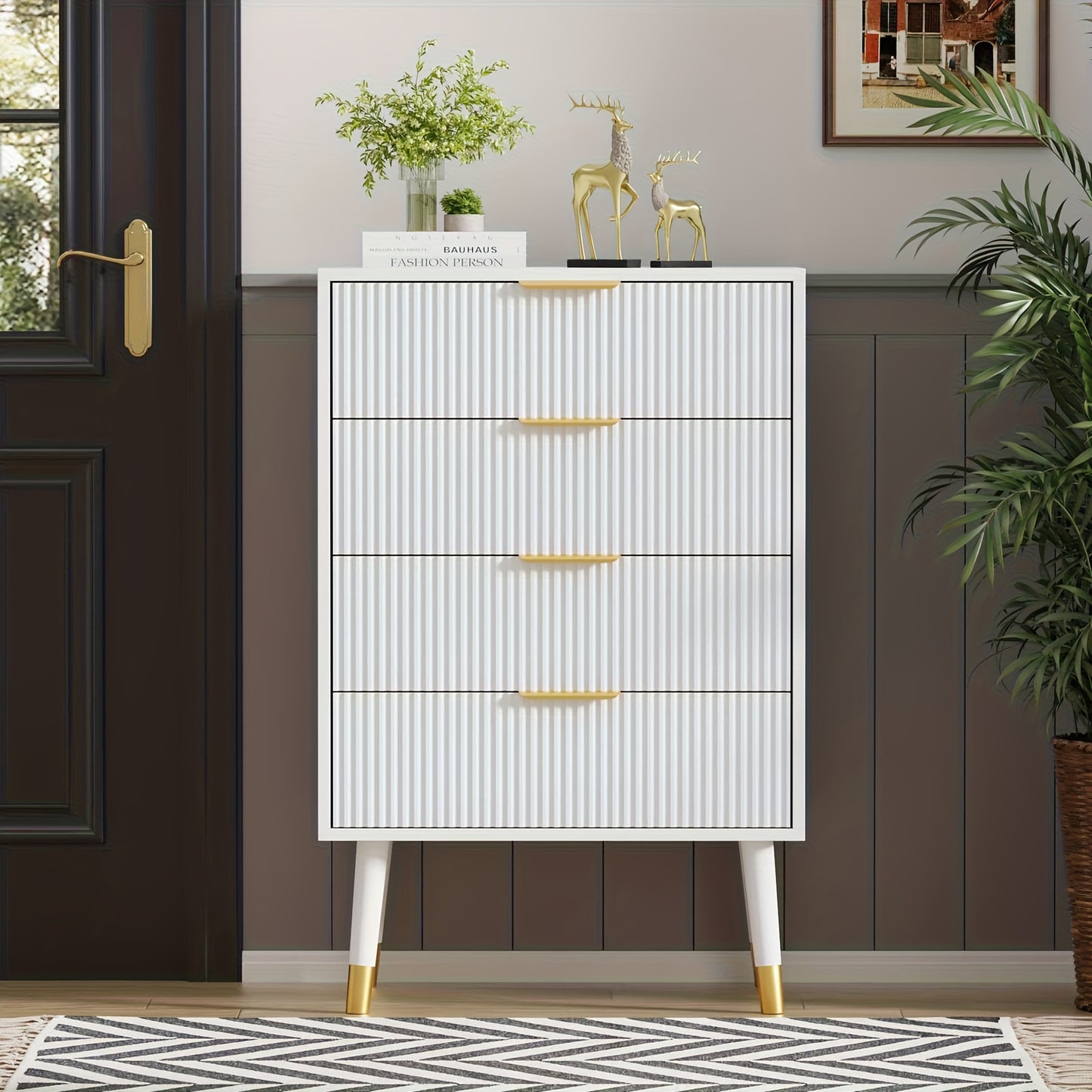 Opbergkast – Kast – Ladenkast – Ladekast – Dressoir – Zwart Met Geborsteld Gouden Handgrepen – 4 Laden – Stevige Constructie – Eenvoudige Montage